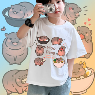 Moodeng Hippo Áo thun trẻ em dễ thương Phim hoạt hình vui nhộn Hippo Graphic Áo ngắn tay thường ngày mặc hàng ngày cho bé trai và bé gái