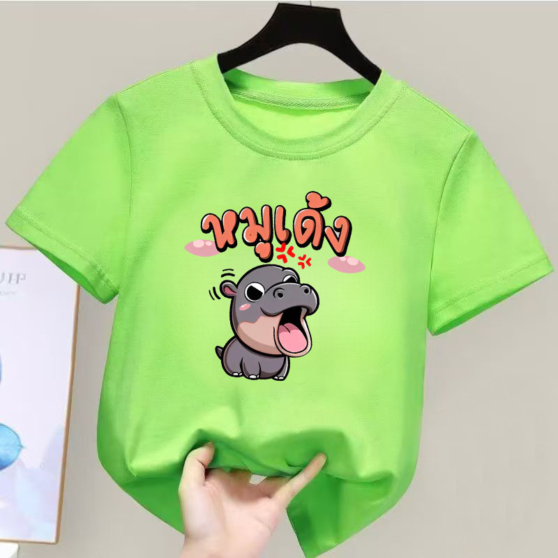 Moodeng hippo Hoạt hình đầy màu sắc Đồ họa Áo thun ngắn tay cho trẻ em Quần áo sành điệu và vui nhộn