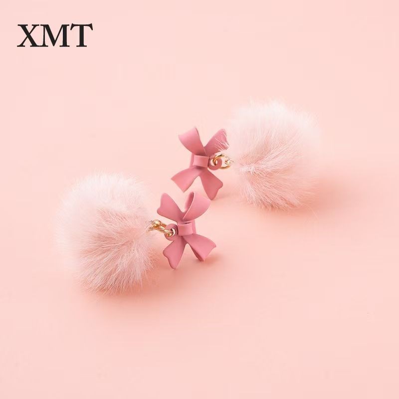 Bông tai kim bạc sang trọng nơ màu hồng Bông tai xỏ lỗ dễ thương