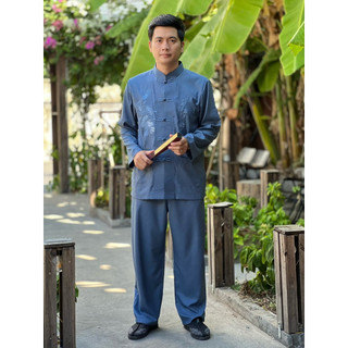 Set linen nam đi chùa thêu rồng, pháp phục trung niên