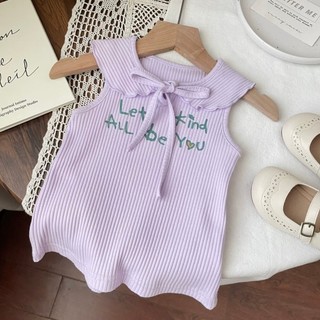 Mùa Hè Phong Cách Mới Thường Ngày Bé Gái Phù Hợp Với Bé Tím Hoa Búp Bê Cổ Áo Ren Thẳng Quần Hai Mảnh Phù Hợp Với