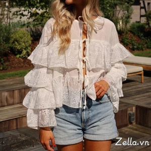 Áo sơ mi nữ mùa xuân, cổ tròn, dây buộc, họa tiết Jacquard