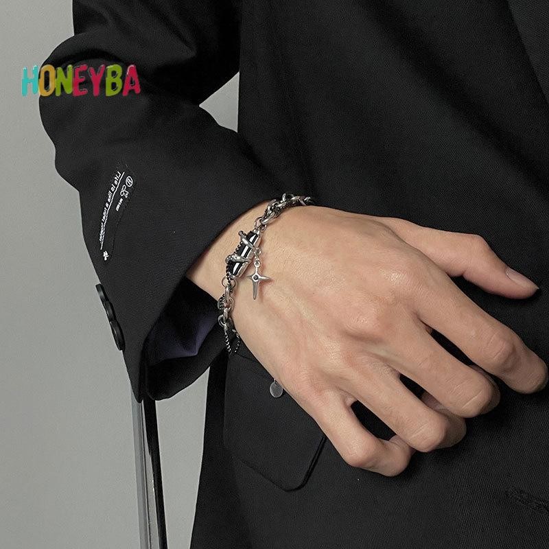 < Honeyba > Vòng tay ngôi sao Zircon màu đen cổ điển dành cho nữ Quà tặng xu hướng Dây chuyền kim loại Unisex Goth Trang sức Cặp đôi mới Phụ kiện
