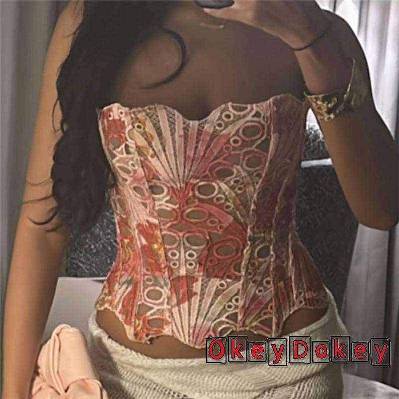Áo sơ mi nữ corset bandeau ren hoa cắt lưng, phù hợp dạo phố