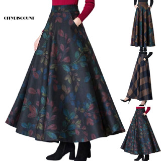 Túi bên eo, váy maxi chữ A cổ điển plus size với họa tiết kẻ sọc và viền lớn, cạp cao