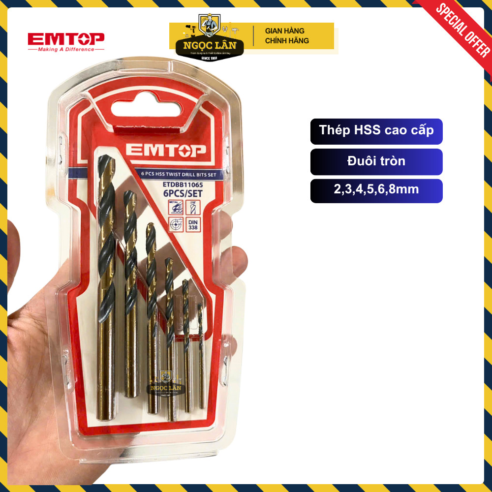 [Chính hãng[ Bộ 6 Mũi Khoan sắt EMTOP thép HSS Đuôi Tròn cao cấp (mã ETDBB11065)