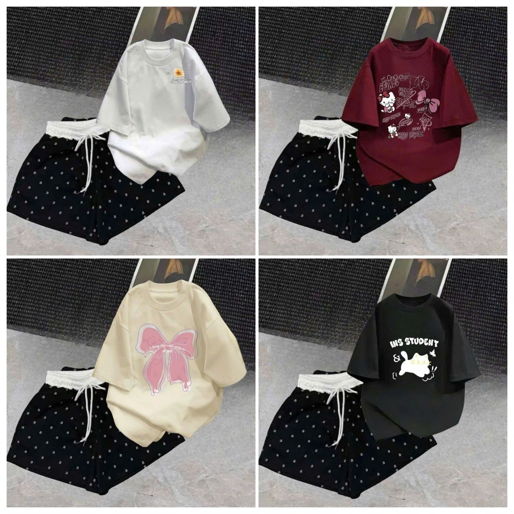 Tổng hợp các sét bộ quần ĐÙI cộc CHỮ A cạp chun màu trắng +mix áo phông form rộng unisex