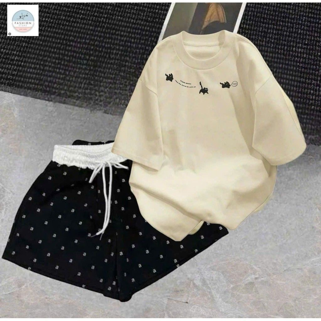 sét bộ quần ĐÙI cộc CHỮ A cạp chun màu trắng +mix áo phông -MÈO VÒNG CỔ-QUẦN ÁO 94
