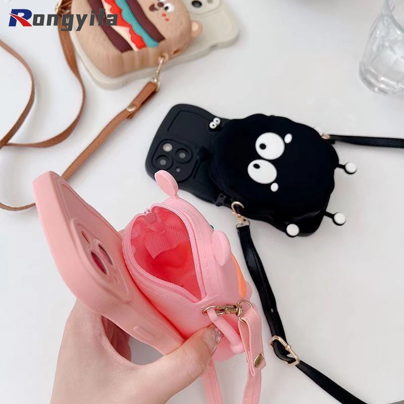 Ốp Điện Thoại Ví Đựng Tiền Xu Ếch Cho iPhone 15 14 13 12 11 Pro Max 15 14 8 7 Plus 13 12 Mini 6S 6 X XR XS Max SE2020 Vỏ Hoạt Hình Màu Đen Bánh Burger Bear Chống Rơi