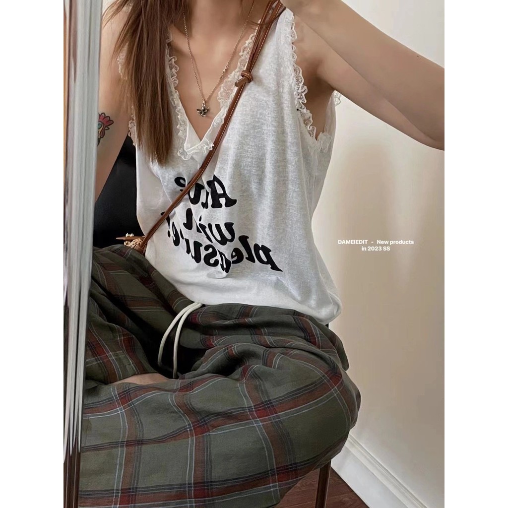 Milyfashion Pure Desire Mùa Hè Phong Cách Mới Dây Ren Edge In Chữ Kích Thước Lớn Rời Mỏng Hơn Nhìn Tất Cả Trận Đấu Không Tay Sling