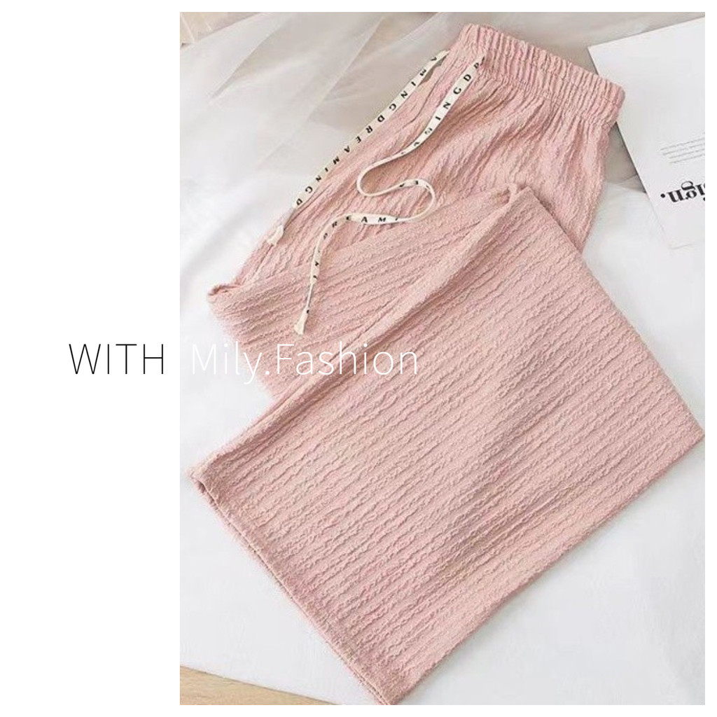 Milyfashion Phong Cách Mới Họa Tiết Nhăn Rộng Chữ Dây Rút Eo Cao Mỏng Hơn Nhìn Quần Thường Ngày