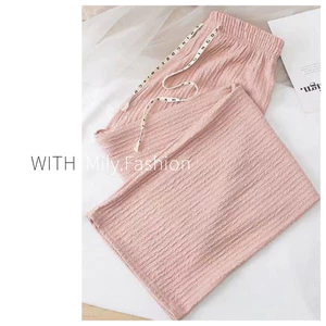 Milyfashion Phong Cách Mới Họa Tiết Nhăn Rộng Chữ Dây Rút Eo Cao Mỏng Hơn Nhìn Quần Thường Ngày