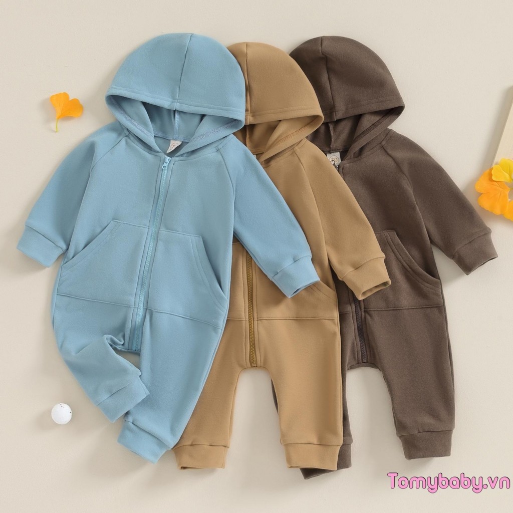 Bộ áo liền quần có mũ trùm đầu mùa thu màu trơn dài tay có dây kéo đóng cửa Áo liền quần thông thường cho bé gái bé trai