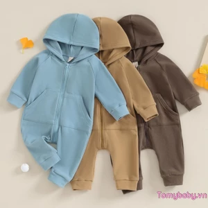 Bộ áo liền quần có mũ trùm đầu mùa thu màu trơn dài tay có dây kéo đóng cửa Áo liền quần thông thường cho bé gái bé trai