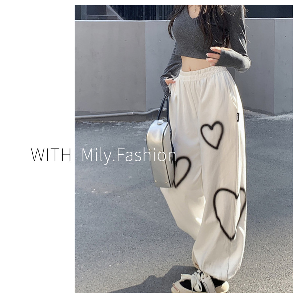 Milyfashion Quần ống rộng in họa tiết trái tim, phong cách ngọt ngào năng động, quần thể thao nữ màu trắng