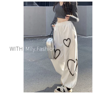 Milyfashion Quần ống rộng in họa tiết trái tim, phong cách ngọt ngào năng động, quần thể thao nữ màu trắng