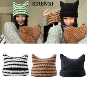 SIRENXI len beanie trùm đầu tai mèo họa tiết kẻ sọc xinh xắn phong cách Nhật Bản