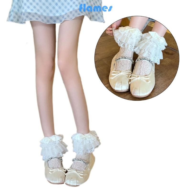 Fl Thời Trang Ren Ruffle Tất Ngọt Nơ Cánh Frilly Đầm Tất Nữ