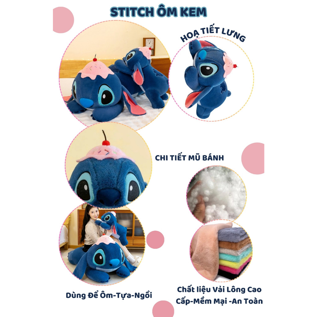 Gấu Bông Ôm Ngủ Stitch Dáng Nằm Dùng Để Ôm Gác Chân Dựa Lưng Gấu Nằm Stick Đội Mũ Bánh Chất Liệu An Toàn Thân Thiện