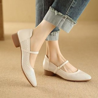 Giày cao gót mũi nhọn dày gót chân nữ mặc với miệng nông thoáng khí