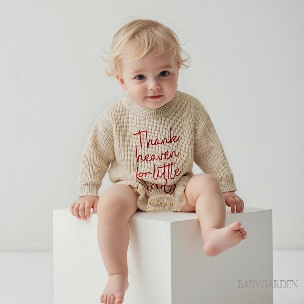 / / -Baby Bé Gái Áo Len Rompers Họa Tiết Chữ Ruffles Cổ Tròn Dài Tay Mùa Thu Body Jumpsuits