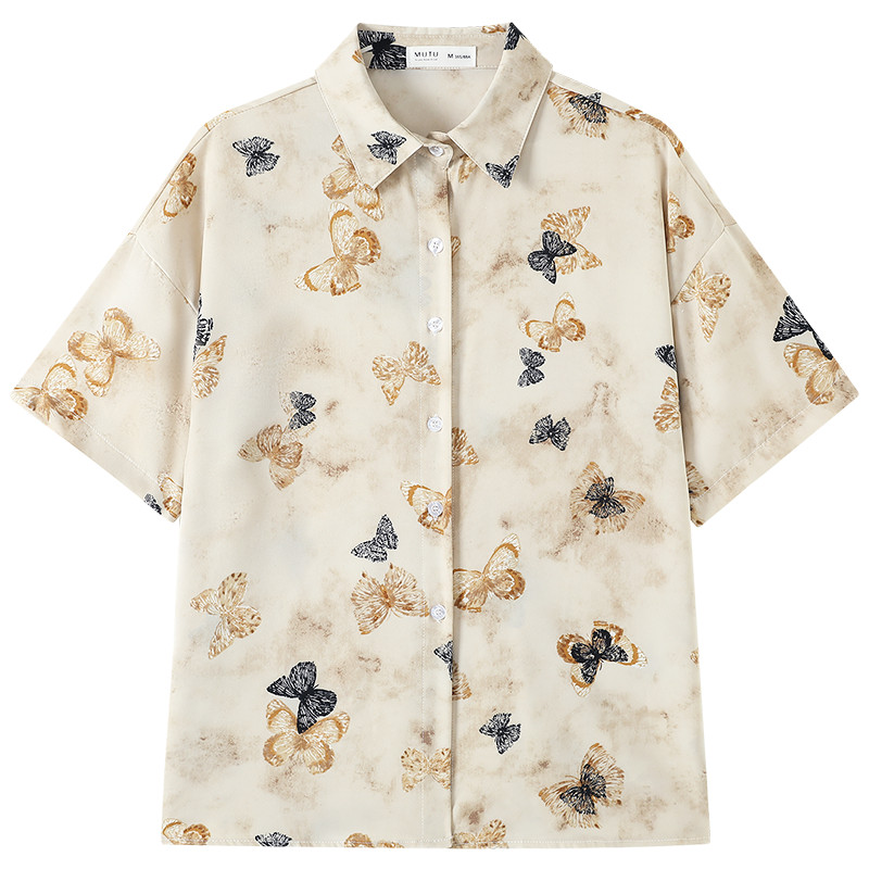 Mutu Retro Bướm In Áo Sơ Mi Tay Ngắn Nữ Mùa Hè 2026 Phong Cách Mới Thiết Kế Niche Loose Casual Top