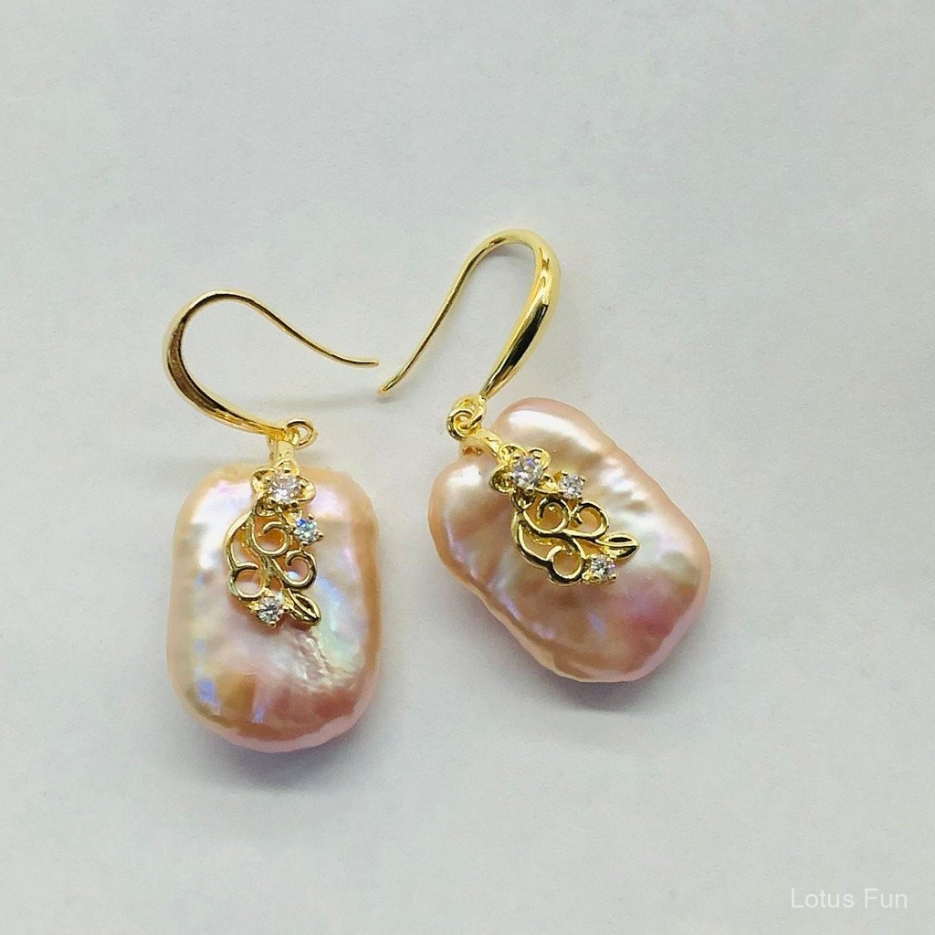 Bông tai hoa dát ngọc trai Baroque màu tím mạ bạc 18K vàng 925