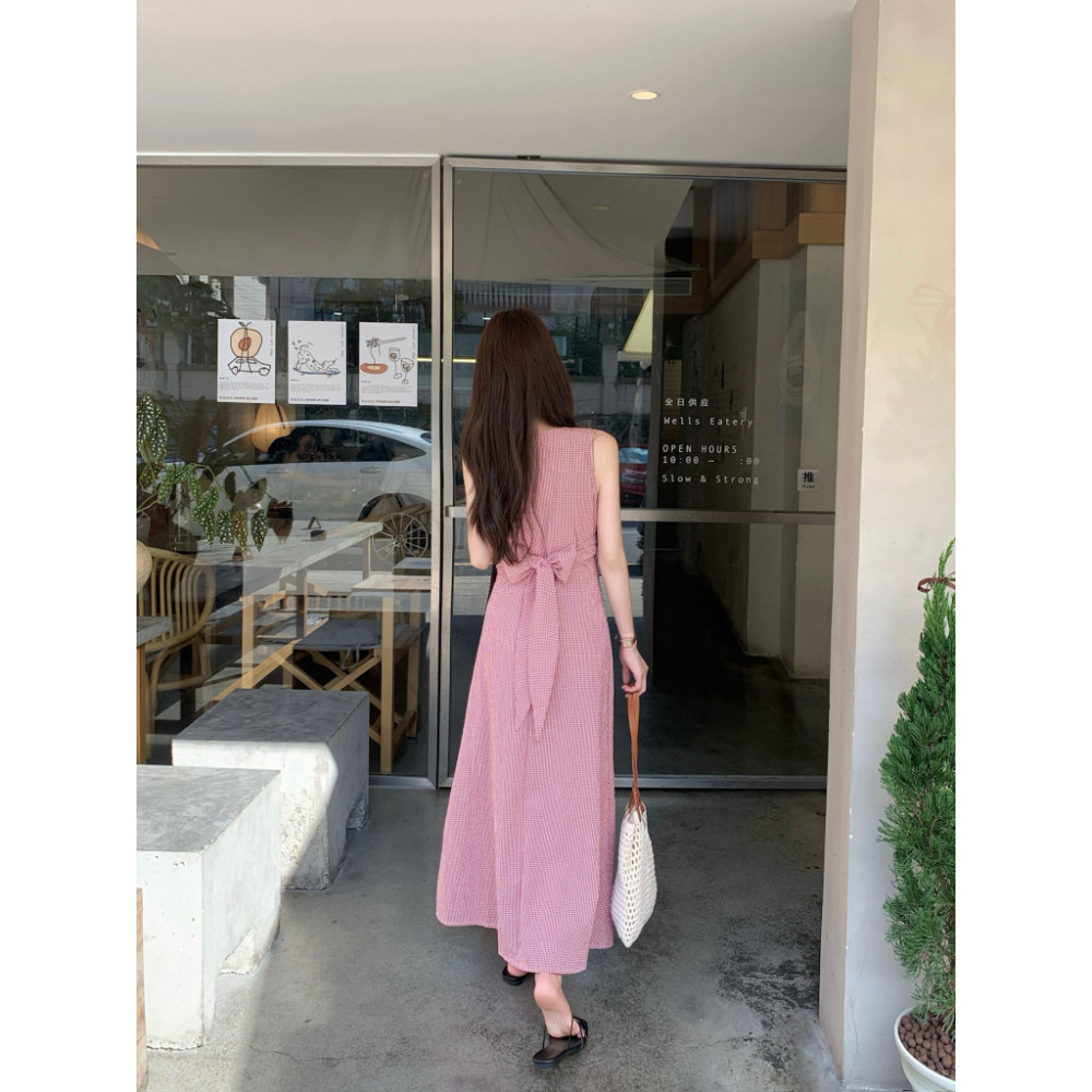 SUXI Mẫu váy dài kẻ sọc phong cách retro Pháp cổ chữ V dành cho mùa hè