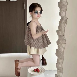 Bộ Đồ Bé Gái Hè - Áo Hai Dây Kẻ Caro Phối Tầng + Quần Váy Trẻ Trung