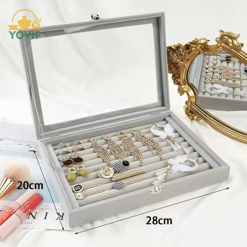 YOVIP Nhung Nhẫn Hộp Trang Sức Trưng Bày Ốp Lưng Bảo Quản Tổ Chức Nhẫn Bông Tai Hộp Chống Bụi Trong Suốt Nắp Lật Hộp Trang Sức VN