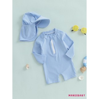 MG-Kids Bé Trai Dài Tay Đồ Bơi Mùa Hè Sọc In Dây Kéo Rash Guard Đồ Bơi Và Mũ Đi Biển Bộ Đồ Tắm