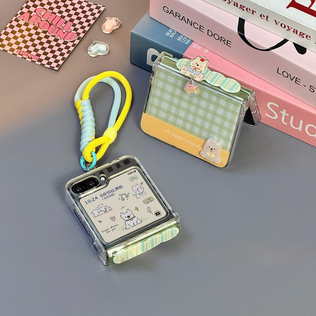 Ốp Điện Thoại Thích Hợp Cho Samsung Galaxy ZFlip7 Hoạt Hình Dễ Thương Màu Xanh Lá Cây Rô 3D Puppy Vòng Tay Gấp Vỏ Cho ZFlip 7 6 5 4 5G N3Flip MixFlip Vỏ Bảo Vệ