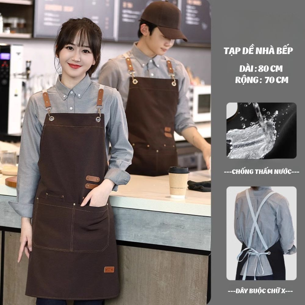 Tạp Dề Canvas Cao Cấp Có Dây Da DinoHome, Tạp Dề Chống Thấm Dầu Cho Nhà Bếp, Pha Chế, Làm Bánh, BBQ