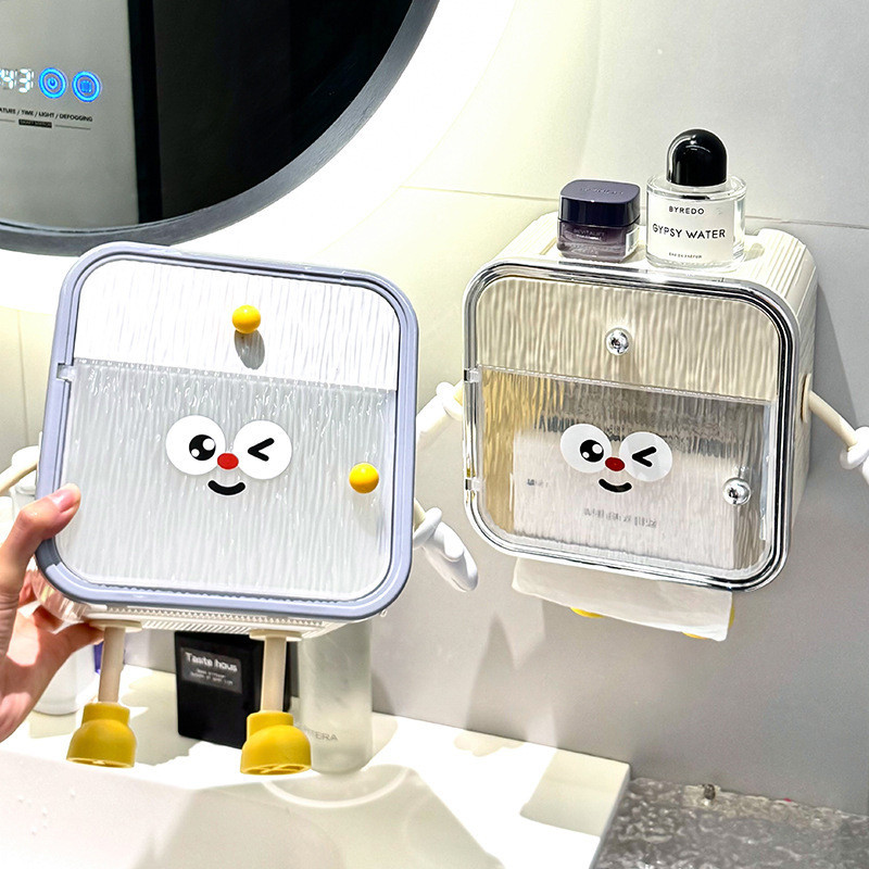 Hộp Đựng Giấy Vệ Sinh Dán Tường Nhà Tắm Hình Mặt Cười Có Nắp Chống Nước Kèm Kệ Đựng Đồ Đa Năng