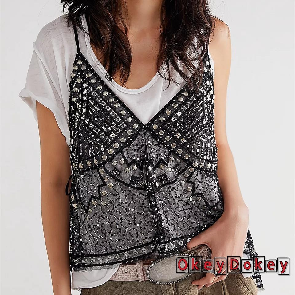 Áo xe tăng đinh tán sequin sheer với dây spaghetti, phù hợp mùa hè
