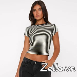 Áo thun Crop nữ mùa hè Slim Fit sọc in hình cổ tròn tay ngắn