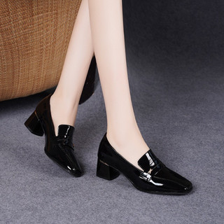 Loafers Bằng Sáng Chế Da Giữa Cao Gót Giày 2025 Phong Cách Mới Thu Đông Da Thật Dày Gót Da Nhỏ Giày Da Loafer Nữ Phong Cách Anh Slip-On