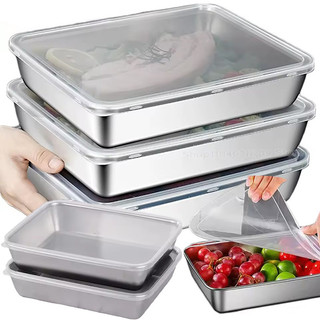 Chảo đựng thực phẩm hình chữ nhật bằng thép không gỉ có nắp - Hộp đựng trái cây rau củ dung tích lớn