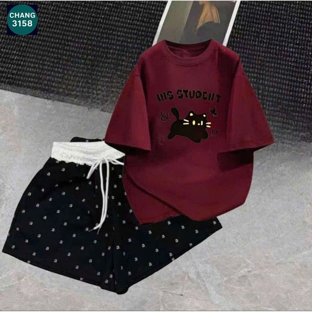 SÉT QUẦN ĐÙI CỘC chữ aa cạp quần TRẮNG+ MIX ÁO PHÔNG MÈO MÁY-CHỮ SỜ TU ĐỪN -cam 3158