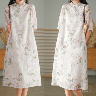 Đầm thanh lịch phong cách Trung Hoa, vải lanh cotton với họa tiết nghệ thuật, phù hợp cho mùa hè