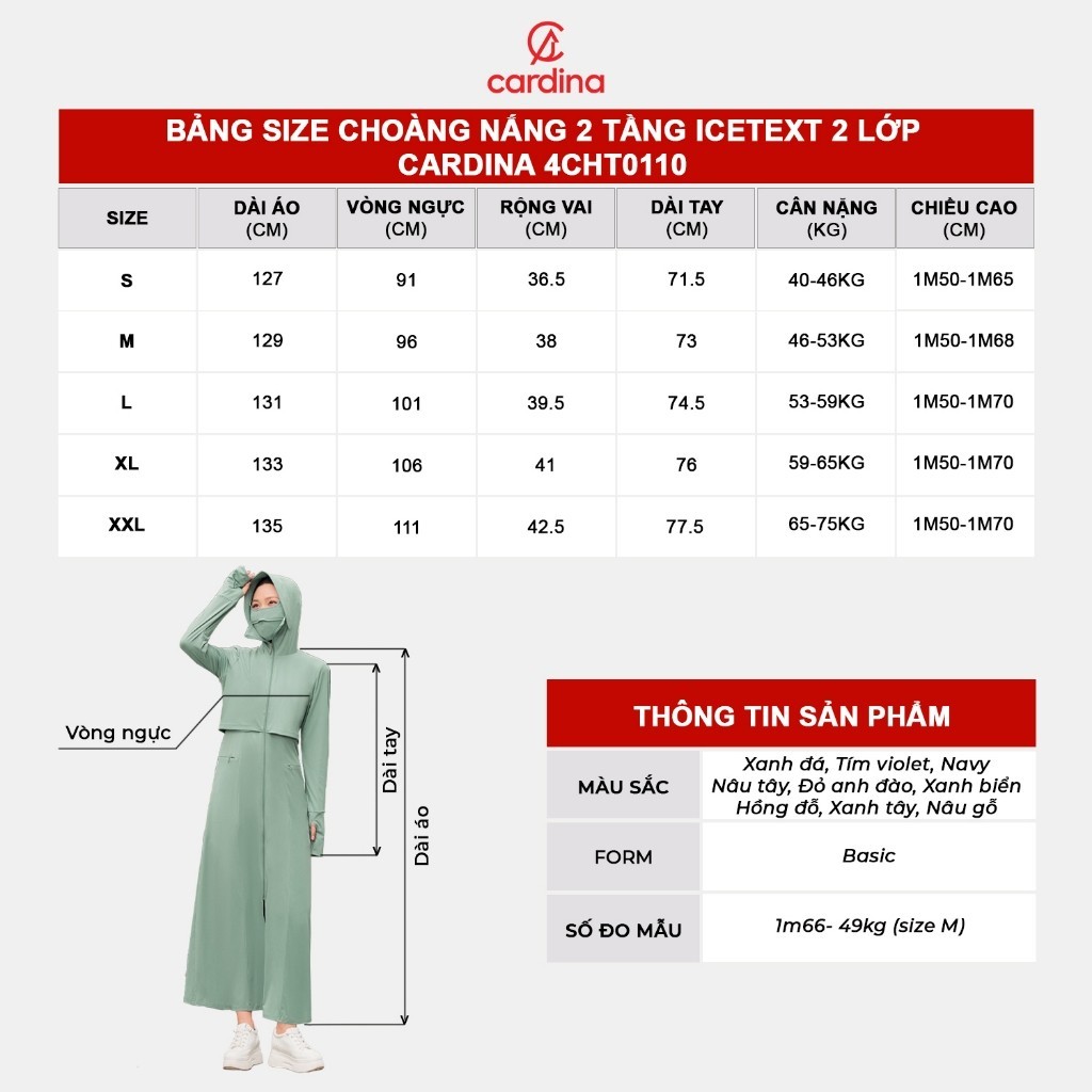 Áo chống nắng nữ CARDINA thiết kế 2 tầng Icetext 2 lớp chống tia cực tím hiệu quả cs UPF  50+4CHT01