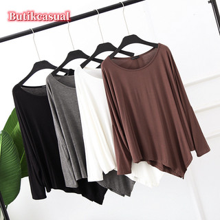 Phụ Nữ Áo Thun Không Đều Đồng Bằng Áo Rời Cổ Tròn Bát Dài Tay Áo Thun Mềm Áo Sơ Mi Thường Ngày