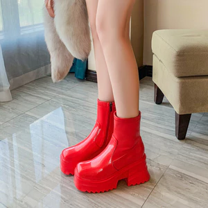 34-43 Kích Thước Chụp Đường Phố Thoáng Mát Hợp Thời Trang Đế Bập bênh Giày Bốt Ngắn Châu Âu Mỹ Phong Cách Mới Nhiều Lớp Chống Thấm Nước Nền Tảng Tăng Cường Dày Đế Đỏ Pat
