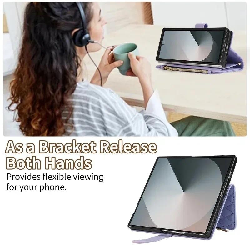 Ốp điện thoại đeo cổ tay đeo chéo cho Samsung Galaxy Z Fold 6 5 4 3 Fold6 Fold5 Fold4 Fold3 Ví có ngăn đựng thẻ Bao da