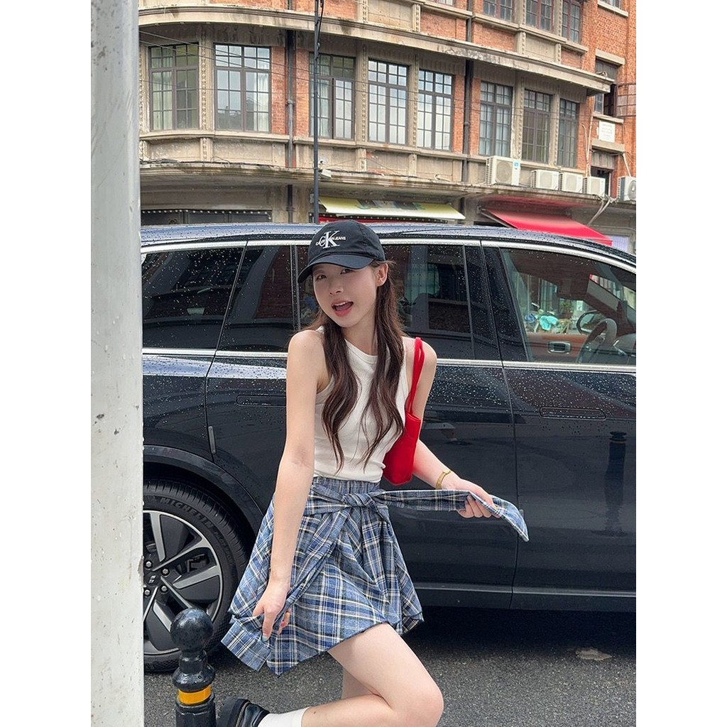 Milyfashion  Irregular Contrast Color Lace-up Design Skirt for Women Summer2024New High Waist Fat Cover Slimming Versatile Short Skirt
