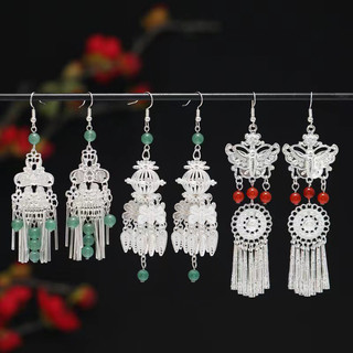Bông tai bạc Miao phong cách Trung Quốc, tua dài ngọc bích Aventurine, kẹp tai nữ, móc bạc S925
