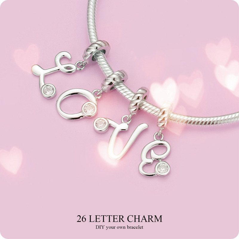 Bamoer Real 925 Bạc Charm Hạt Chữ A ~ Z Mặt Dây Chuyền Cho DIY Vòng Tay Vòng Cổ Phụ Kiện