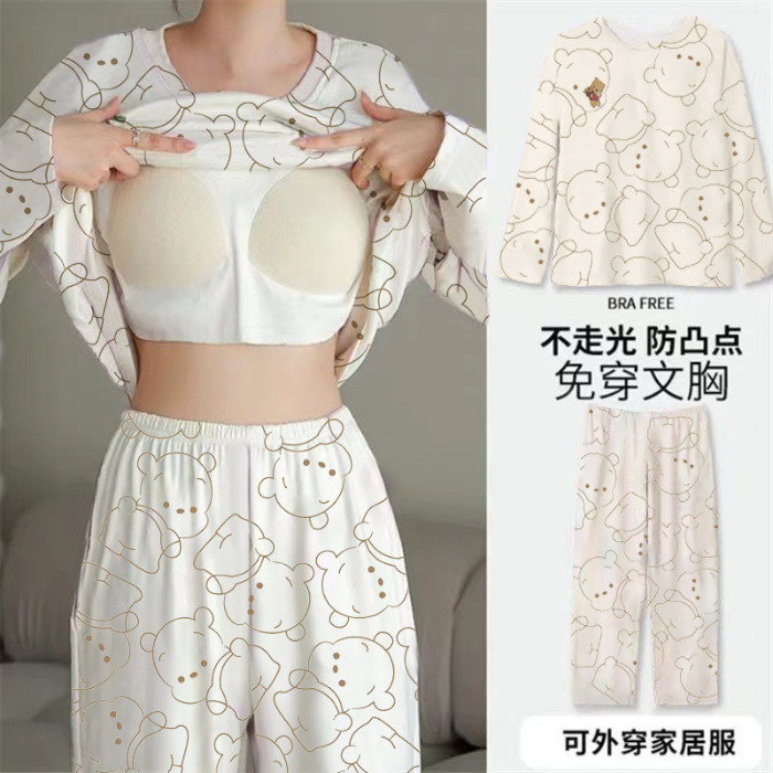 Mùa xuân thu có miếng đệm ngực chống lộ đồ ngủ dài tay rộng rãi dành cho nữ cỡ lớn cộng với kích thước đơn giản phù hợp với đồ mặc nhà có thể mặc bên ngoài