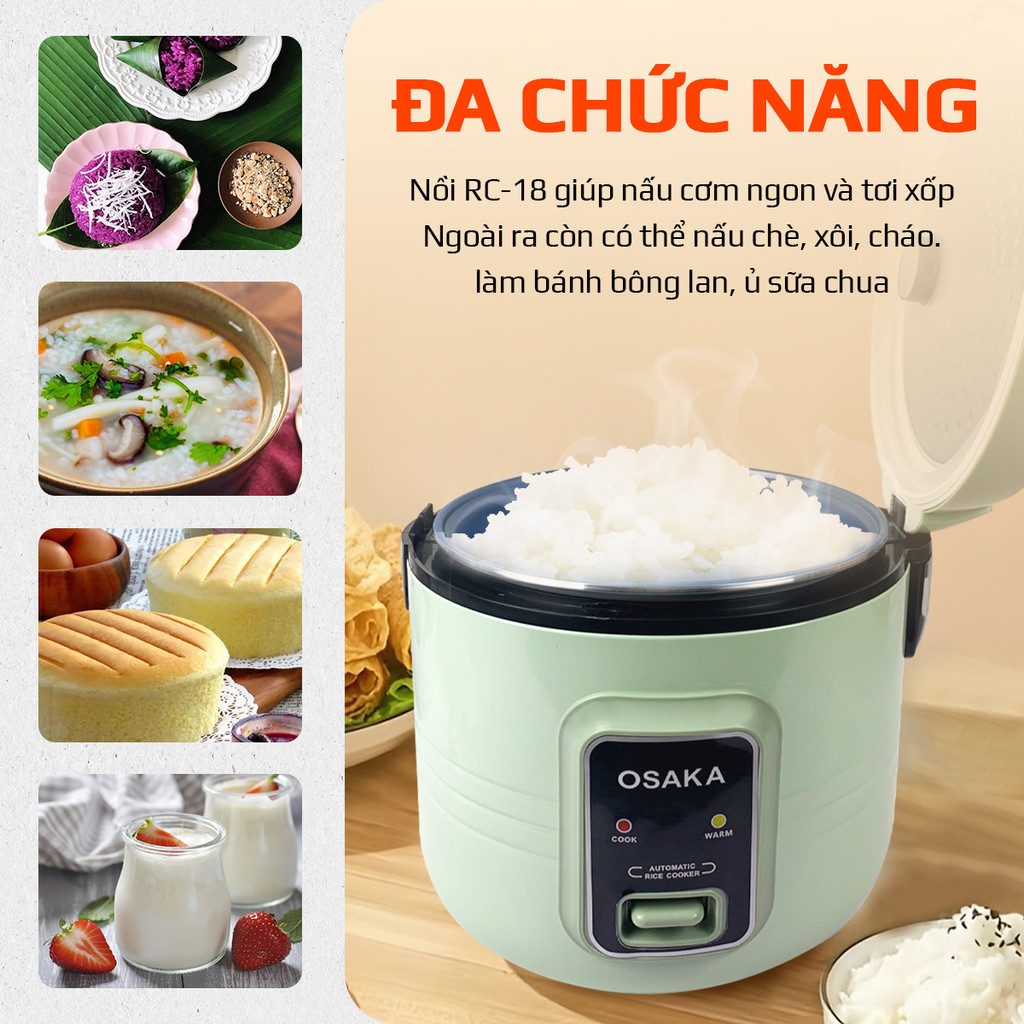 Nồi Cơm Điện OSAKA RC-18 Dung Tích 1.8L, Lòng Tráng Men Titanium Chống Dính, Kèm Xửng Hấp