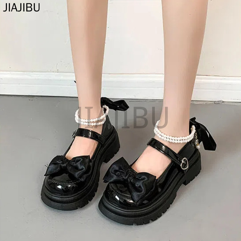 Size 34-46 Korean Fashion Bow Platform Mary Jane Shoes 45 Giày Nữ Cỡ Lớn 44 Giày Lolita Đồng Phục JK Đính Cườm Nhật Bản 43 Giày Đi Học Màu Đen 42 Giày Cosplay Gót Dày Khóa Trái Tim Kiểu Anh Beige Casual Princess Style Doll Shoes Giày Búp Bê Chống Trượt